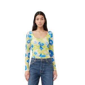 Ganni printed mesh rushed top